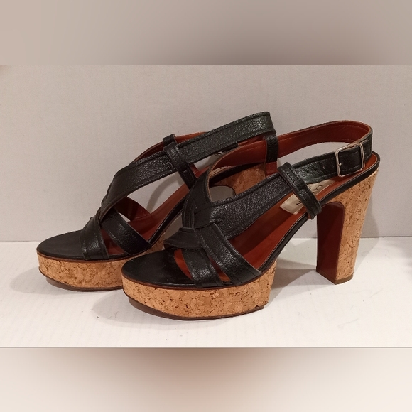 Lanvin Black Platform Sandals Strappy Slingback Leather w/Cork Heels Size 41/9.5 - Picture 2 of 10